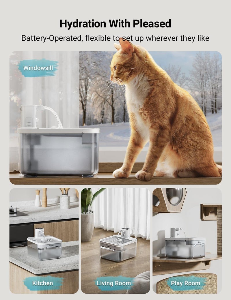 DownyPaws Battery Operated Cat Water Fountain, 84oz/2.5L Fursink Wireless Pet Water Fountain for Cats Inside, Automatic Dog Water Dispenser with Motion Sensor, Ultra Quiet Pump, BPA-Free, White - Image 2